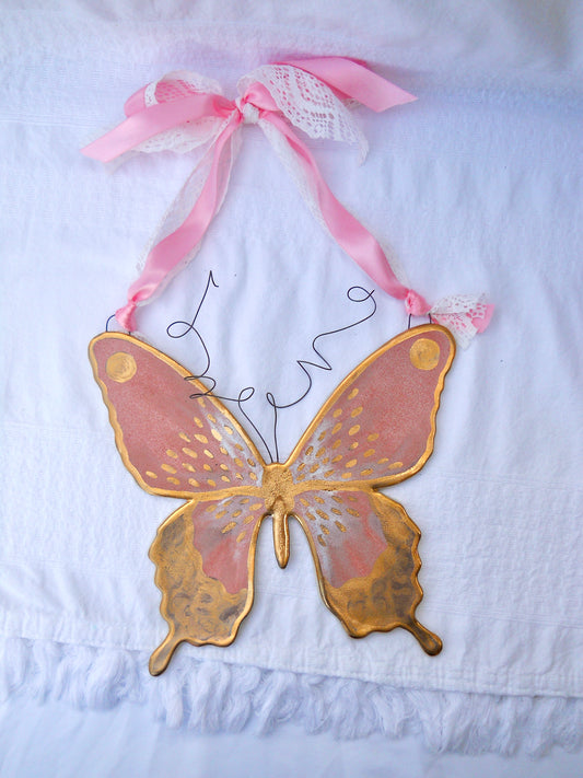 Pink and Gold Butterfly Wall Hanging