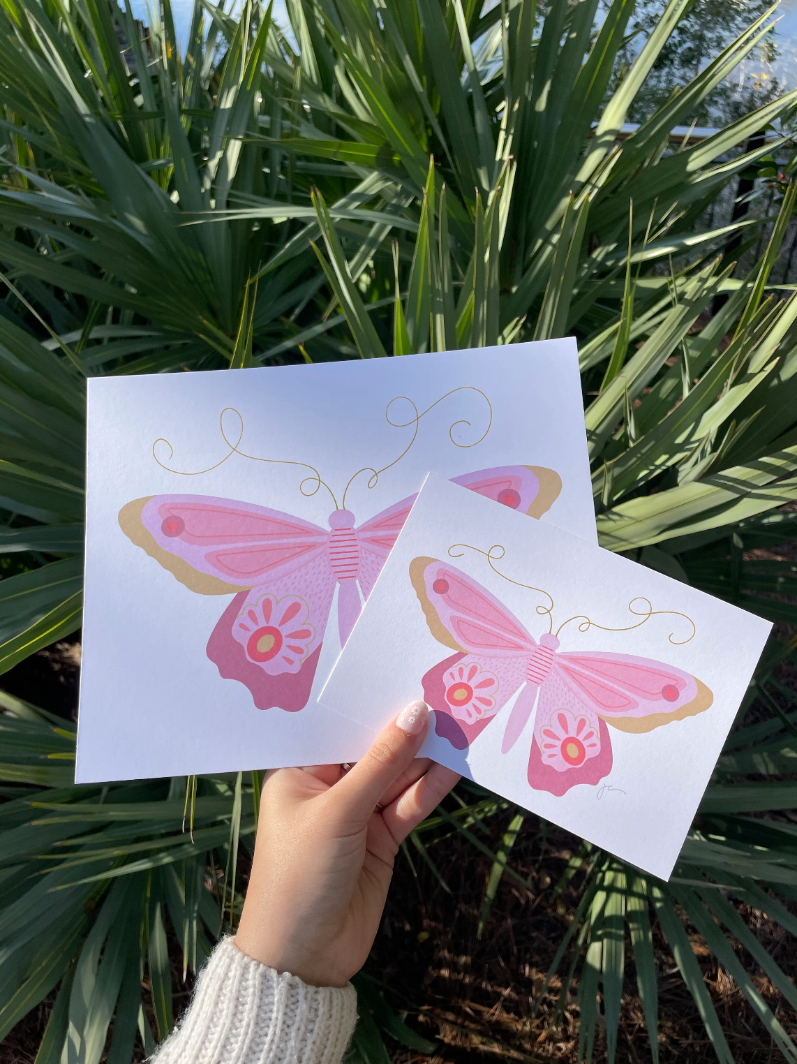 Pink Butterfly Hand Embellished Art Print