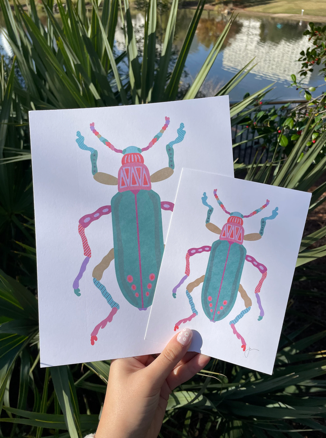 Green Beetle Hand Embellished Art Print